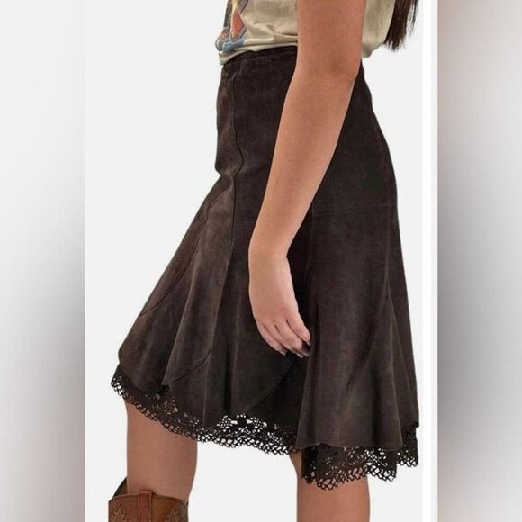 ANTHROPOLOGIE ODILLE CHOCOLATE BROWN SUEDE BOHO LACE‎ TRIM SKIRT SIZE 4 - Picture 1 of 5